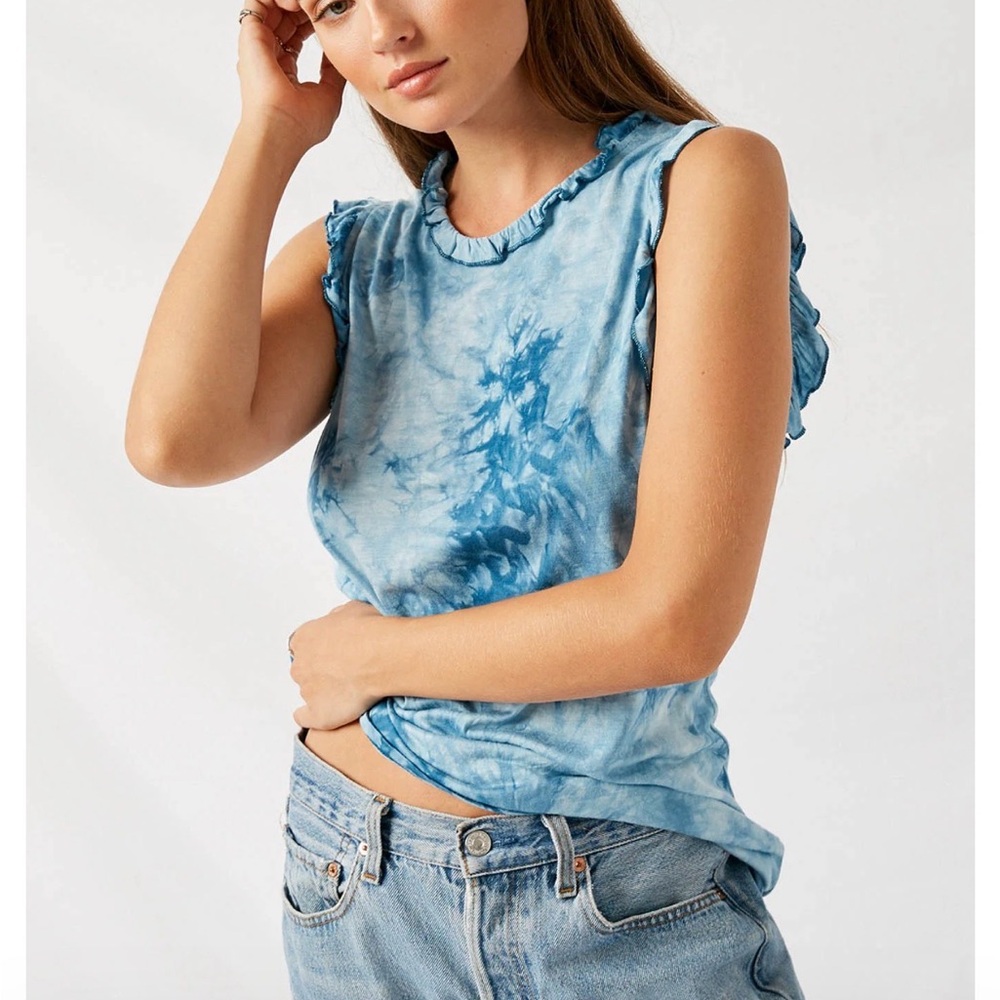 NWT Hayden Los Angeles Sleeveless Teal Tie-Dye Ruffle Trim Top L